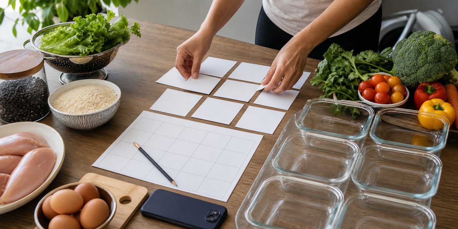 Planejamento semanal de marmitas fitness com calendário em branco, ingredientes e potes reutilizáveis na mesa.