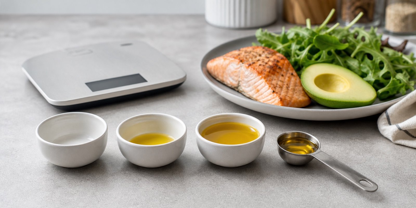 Tigelas com quantidades de azeite e prato keto para comparar calorias e porções.
