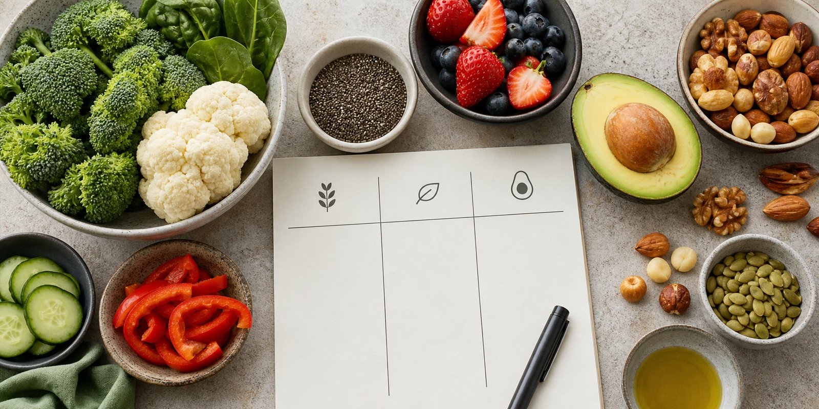 Alimentos low carb e caderno em branco ajudam a explicar carboidratos totais, fibras e líquidos.
