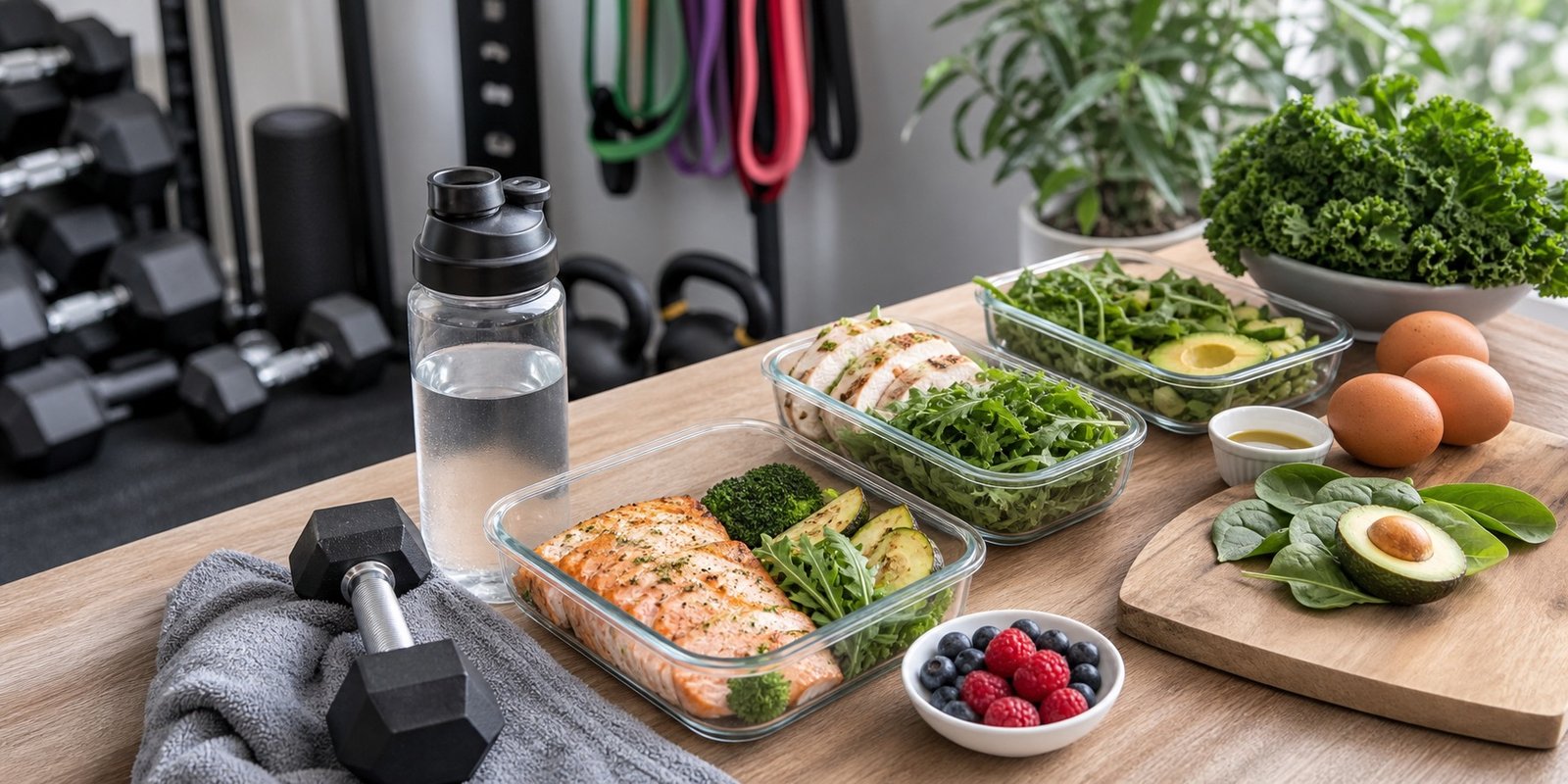 Equipamentos de treino ao lado de marmitas low carb para ajustar energia e carboidratos na cetogênica.