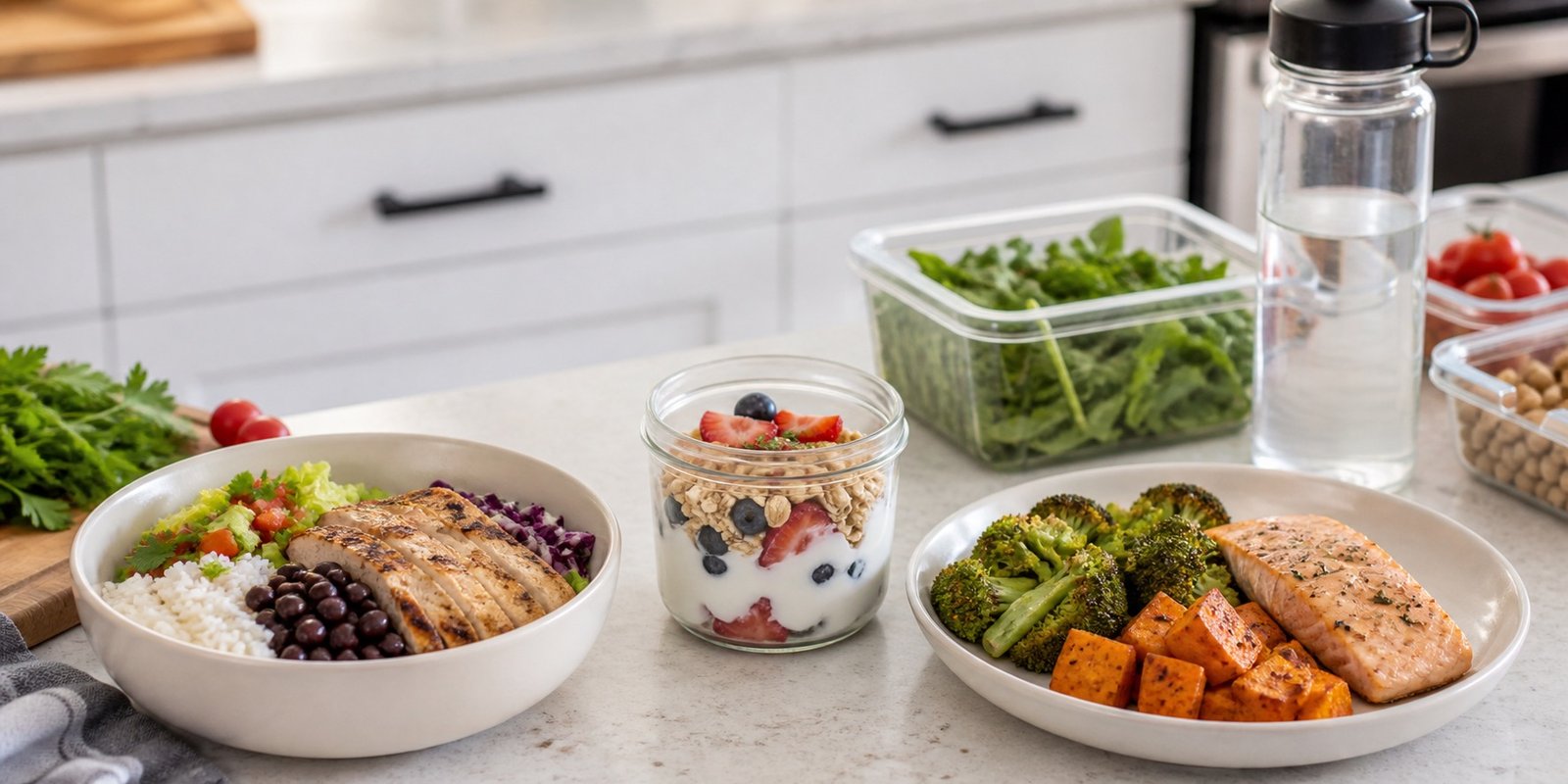 Cardápio exemplo para janela alimentar com almoço, lanche, jantar, água e alimentos frescos.