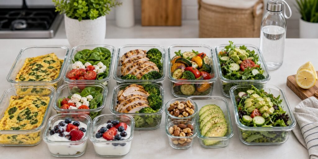 Potes de marmita com refeições simples para iniciantes, com ovos, proteínas, vegetais, iogurte e frutas.