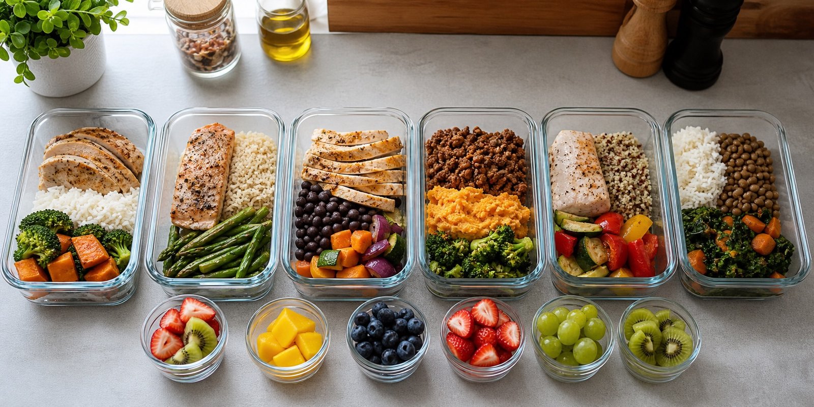 Cardápio semanal de marmitas fitness variadas com frango, ovos, peixe, arroz, feijão, legumes, saladas e frutas.