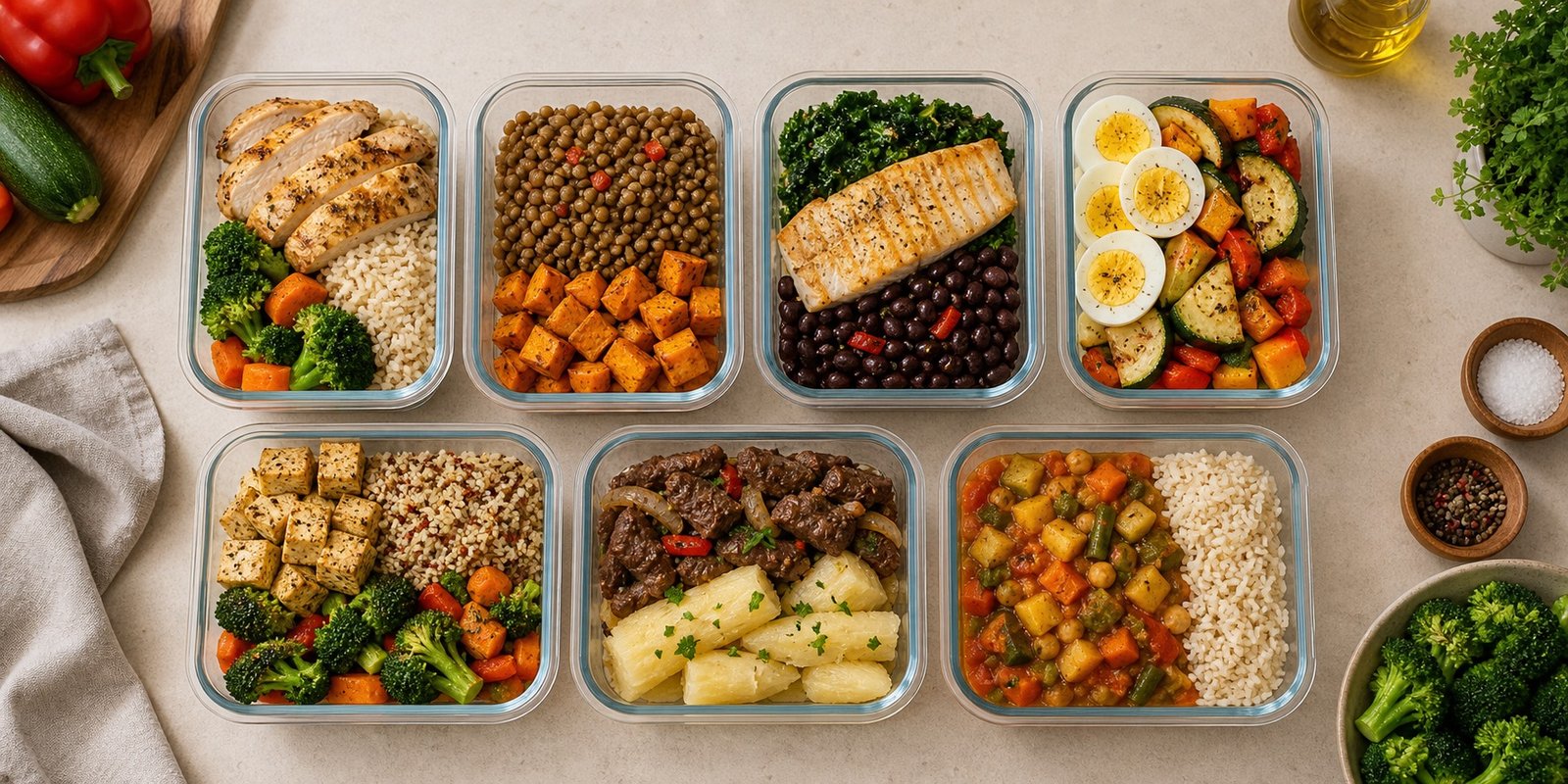 Cardápio semanal de marmitas congeladas com sete potes variados de proteína, carboidrato e vegetais.