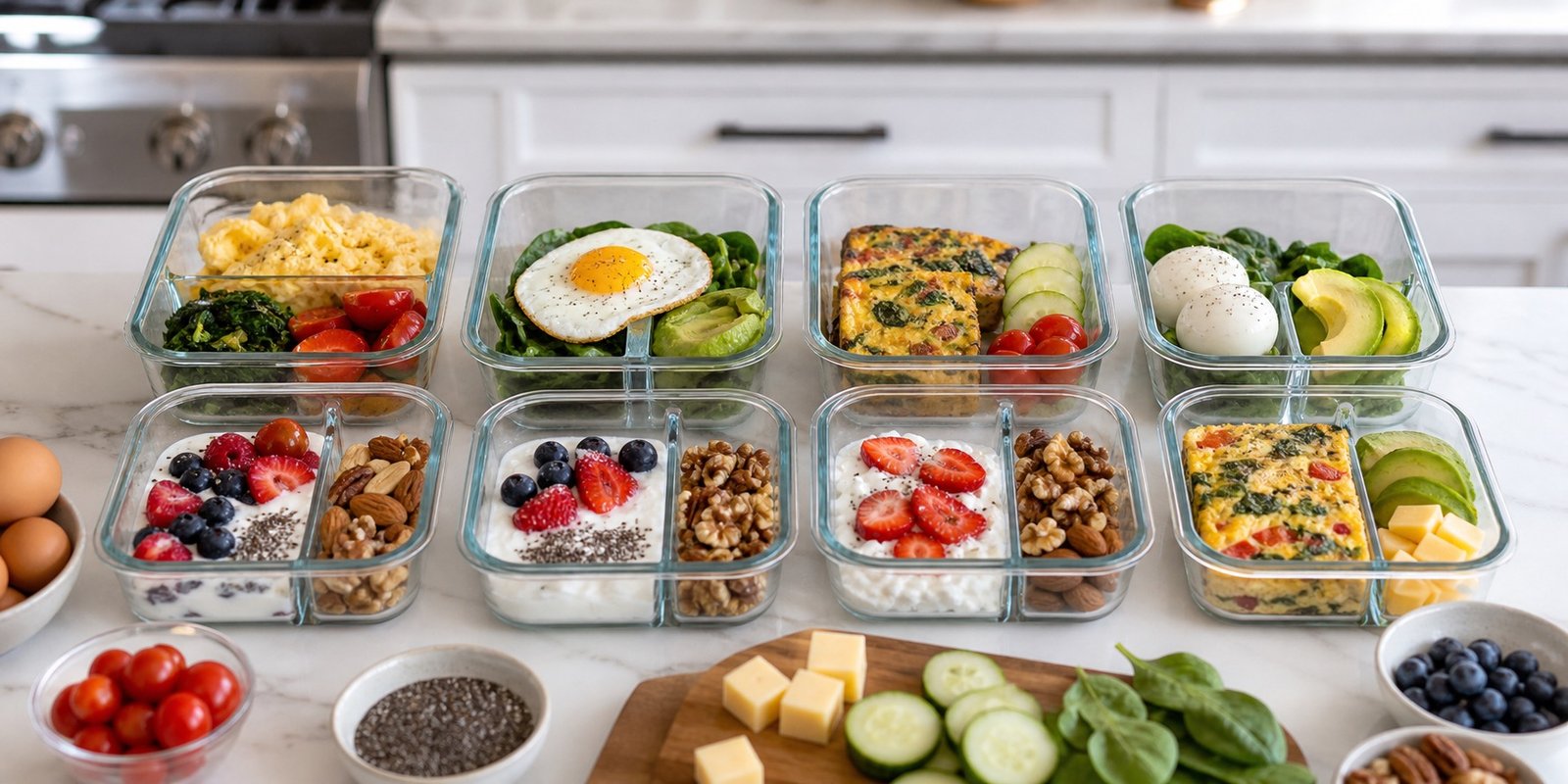 Potes organizados com café da manhã low carb para sete dias, usando ovos, vegetais, iogurte, sementes e frutas vermelhas.