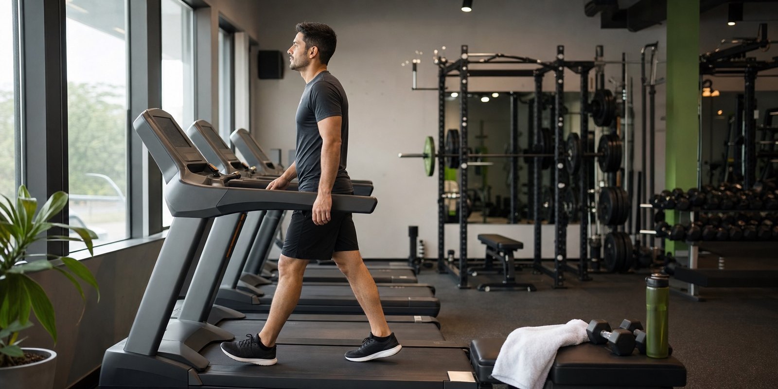 Caminhada leve na esteira antes da musculação como aquecimento controlado