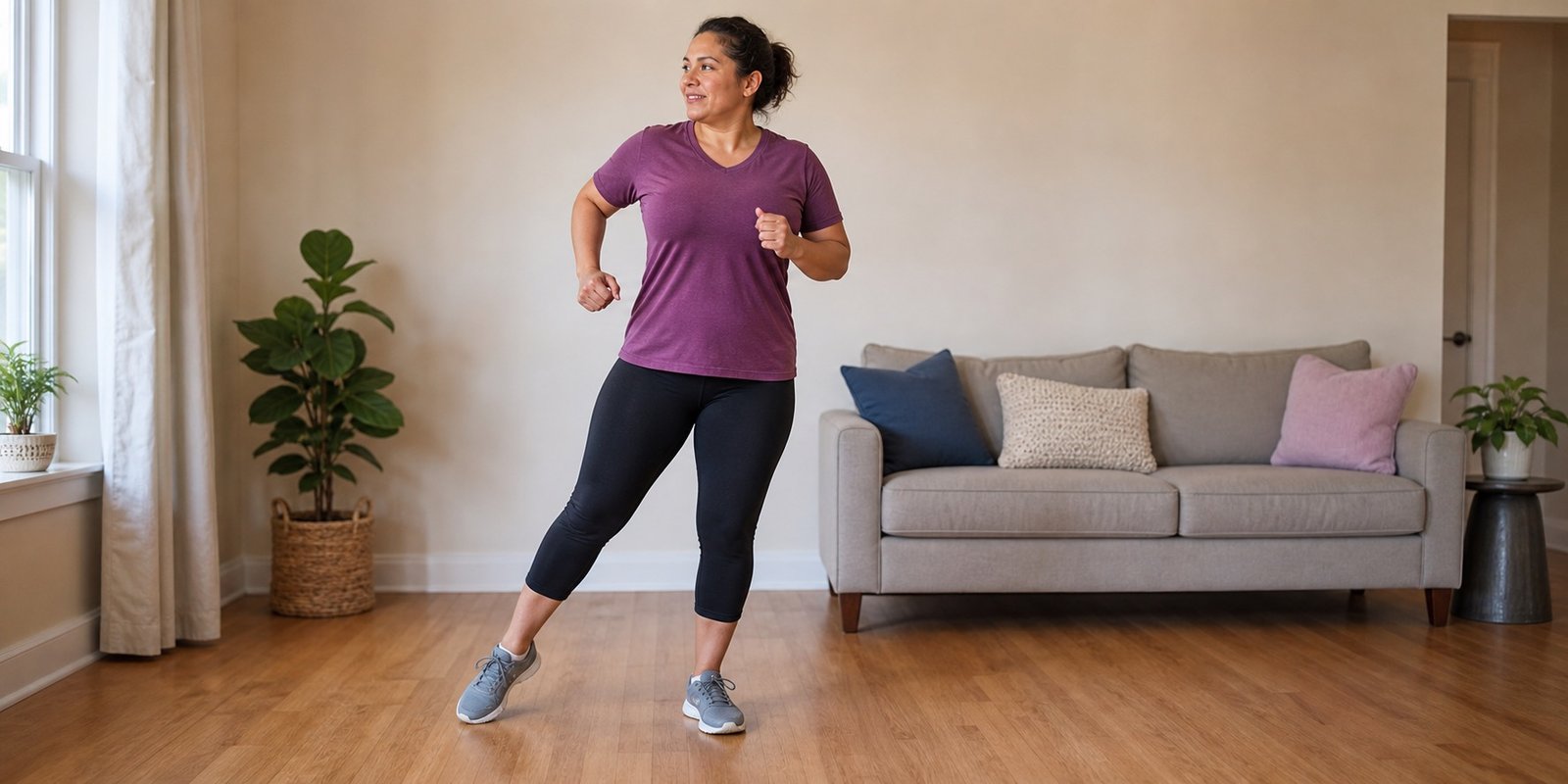 Pessoa iniciante fazendo cardio de baixo impacto em casa sem pular.