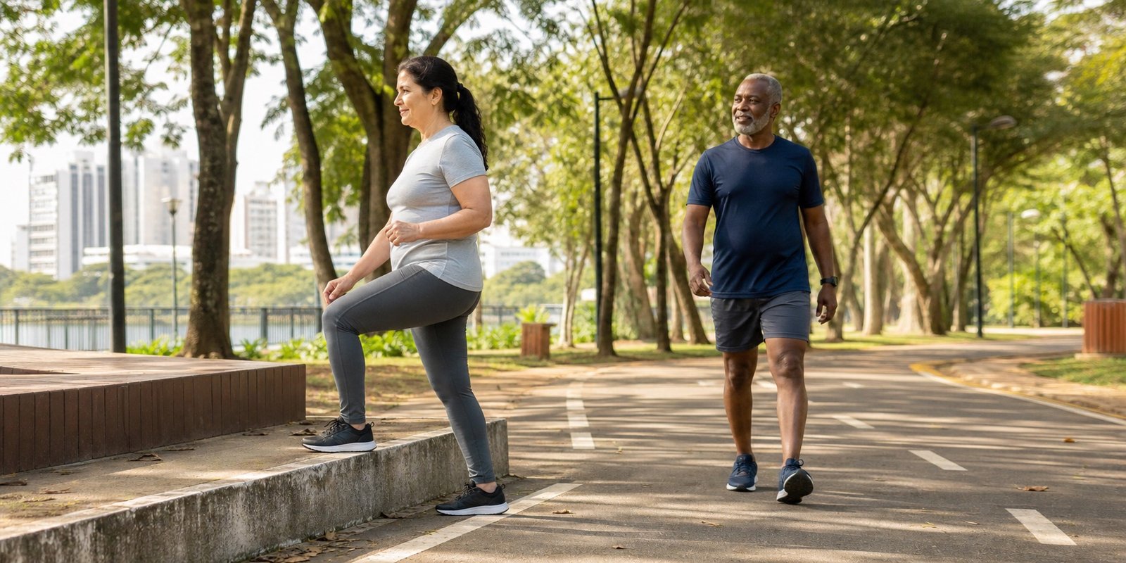 Exercícios de cardio de baixo impacto para iniciantes, com caminhada e step-up controlado.