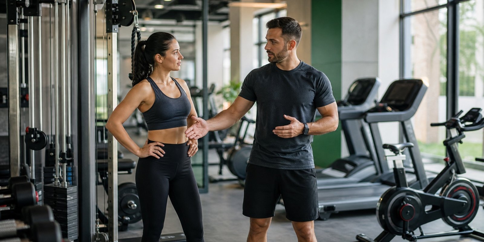 Instrutor orientando combinação de cardio e musculação por objetivo