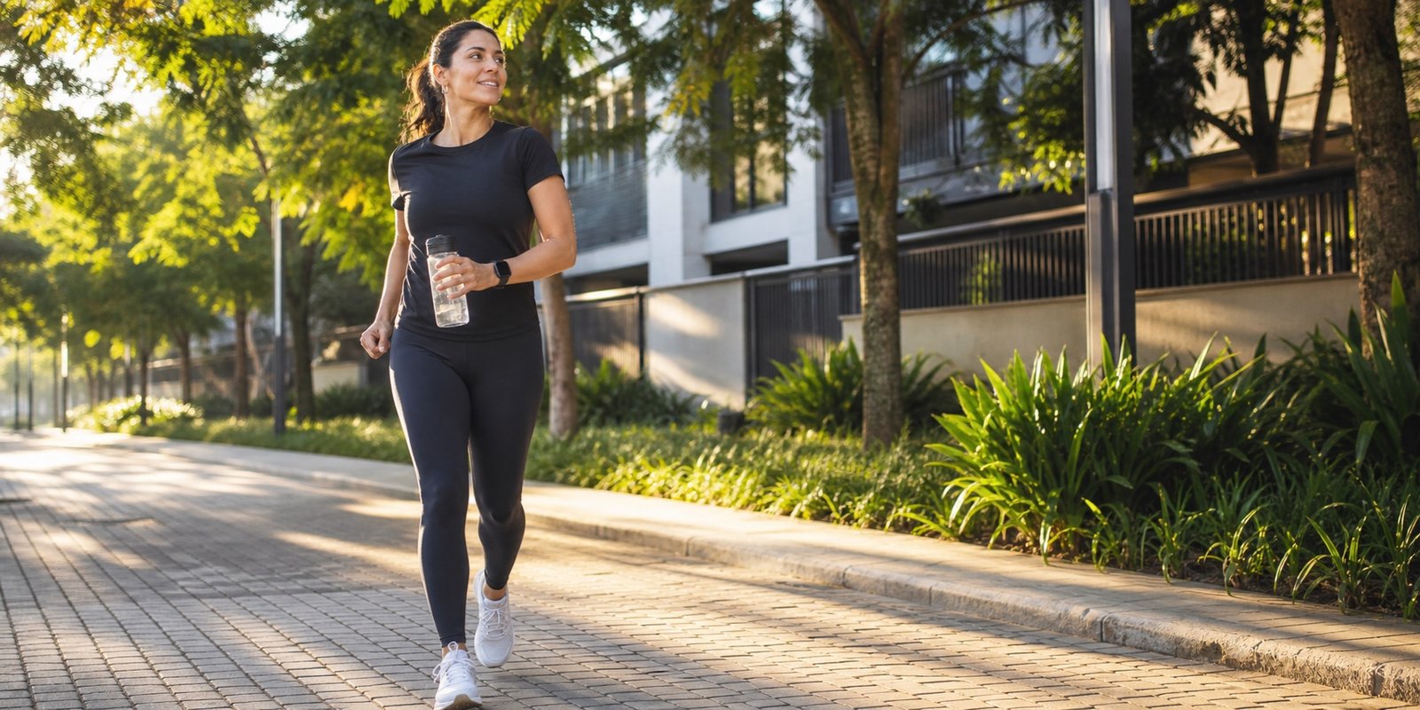 Pessoa caminhando ao ar livre para aumentar o gasto calórico com cardio moderado e passos diários.