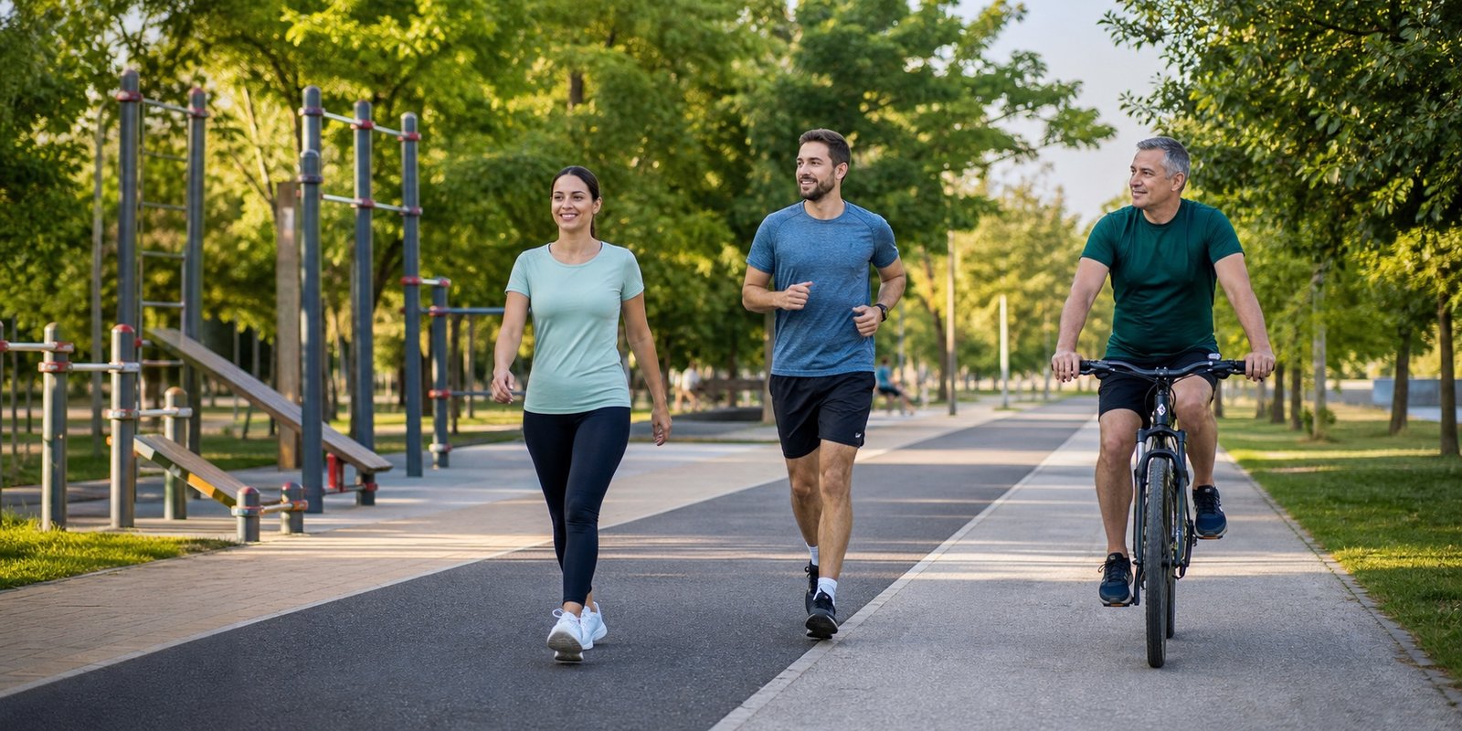 Pessoas caminhando, pedalando e correndo leve em parque para ajustar o cardio ao objetivo de treino.