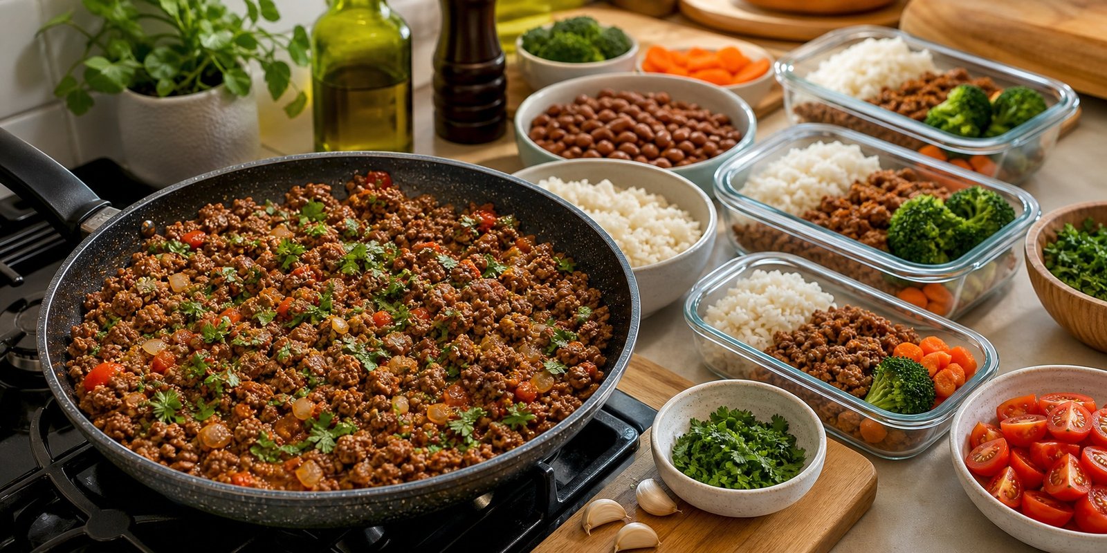 Marmita fitness de carne moída úmida com arroz, feijão, tomate e legumes para a semana.