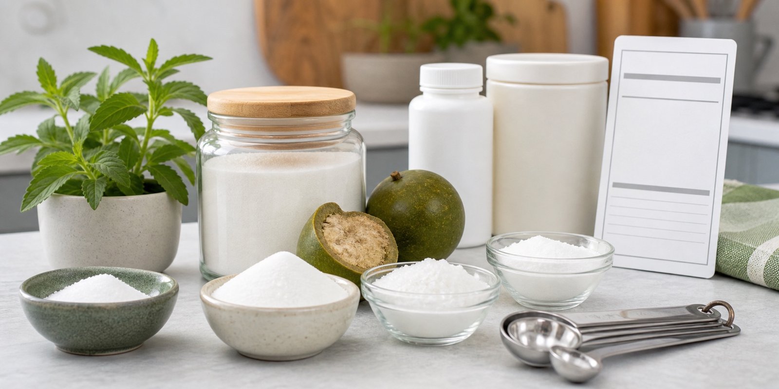 Potes sem marca, cristais brancos, stevia em vaso e cartão de rótulo para classificar adoçantes.
