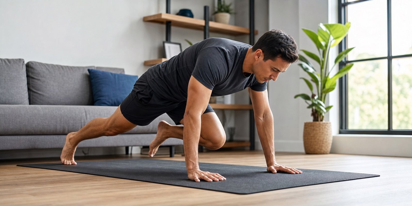 Pessoa executando circuito de cardio em casa usando apenas o peso do corpo.