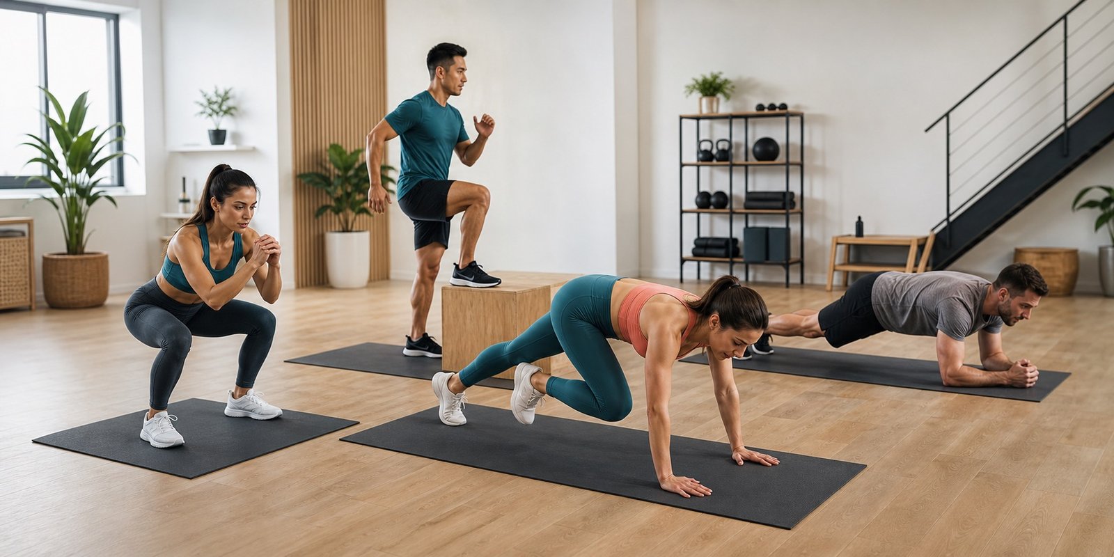 Grupo demonstrando circuito HIIT de 15 minutos com exercícios de peso corporal.