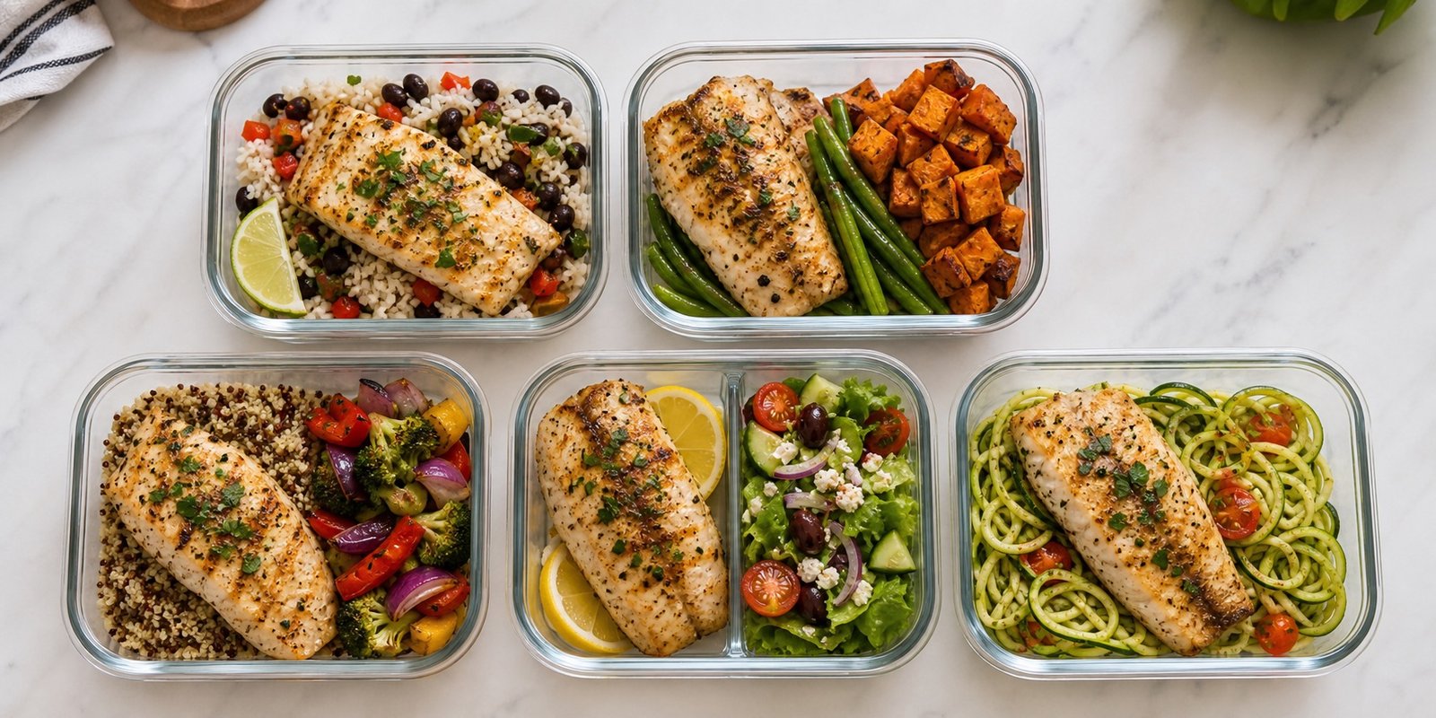 Cinco combinações de peixe com arroz, feijão, quinoa, batata-doce, legumes e salada.