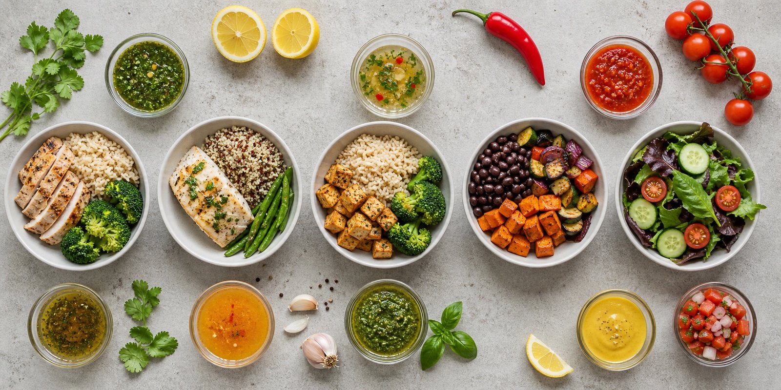 Combinações de molhos leves com saladas, legumes, proteínas e grãos de marmita fitness