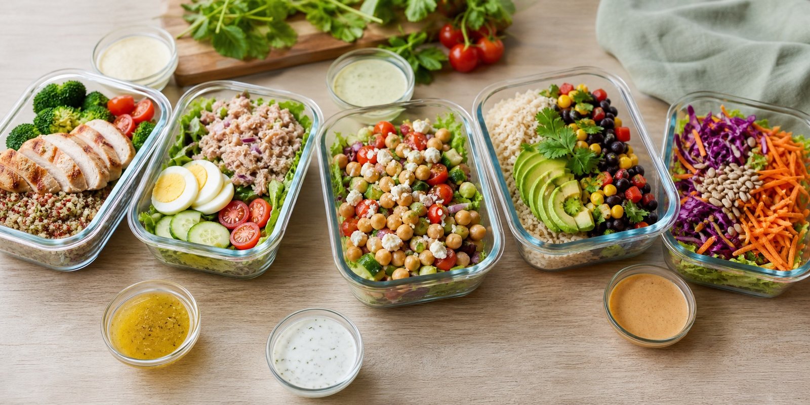 Cinco potes com combinações variadas de salada para a semana, incluindo grãos, proteínas, legumes e folhas frescas.