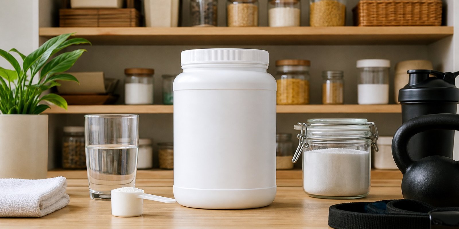 Pote branco sem marca, scoop e jarro de creatina em despensa organizada para mostrar como escolher e guardar creatina.