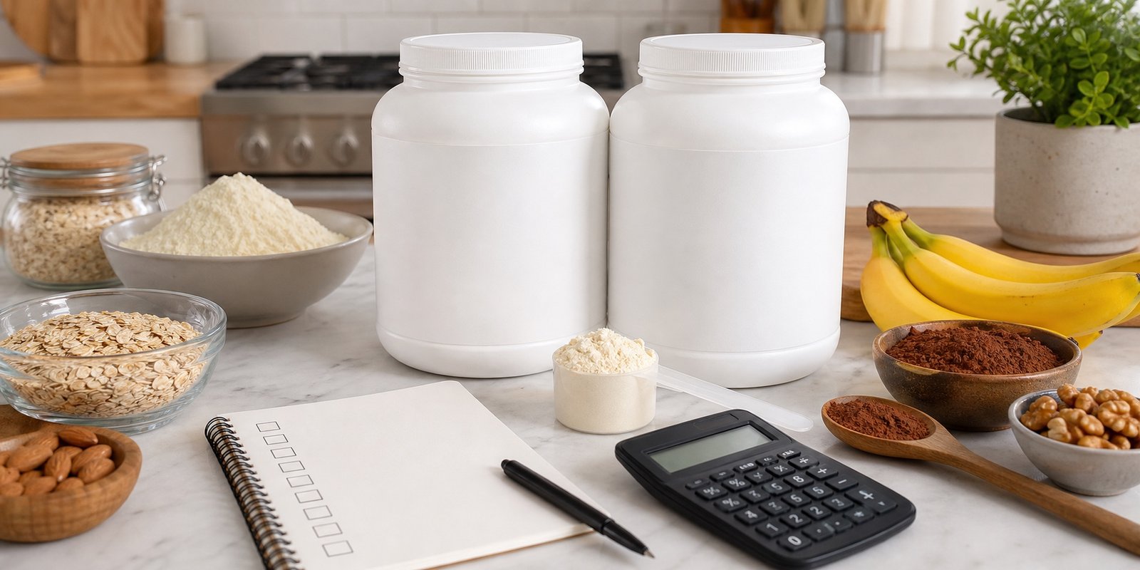 Rótulo de hipercalórico comparado com ingredientes como aveia, banana, cacau e calculadora.