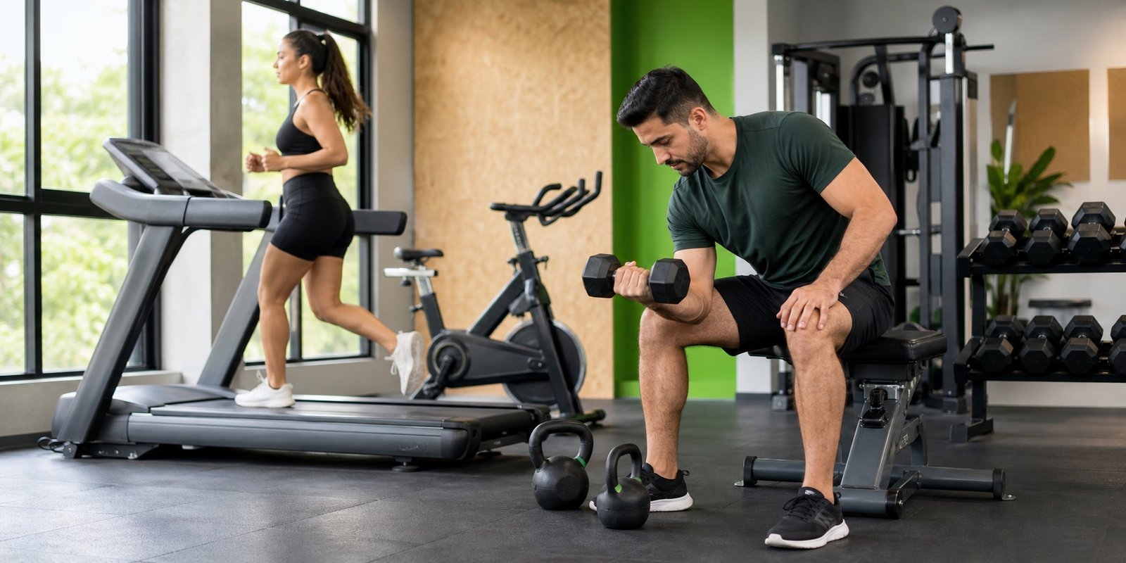 Pessoa fazendo cardio e outra treinando com halteres para comparar cardio e musculação no emagrecimento.