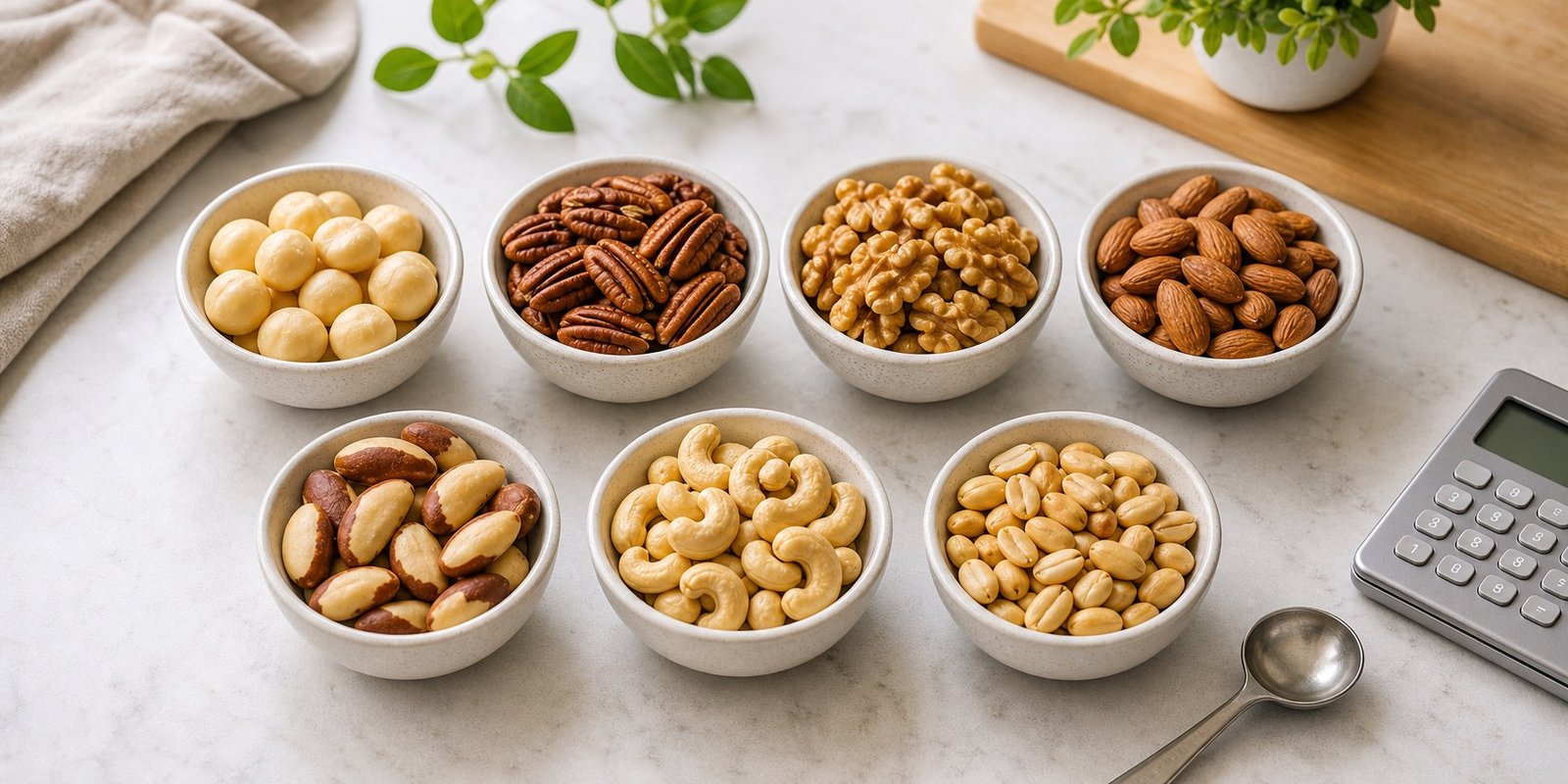 Diferentes castanhas e oleaginosas em tigelas pequenas para comparar carboidratos por porção.