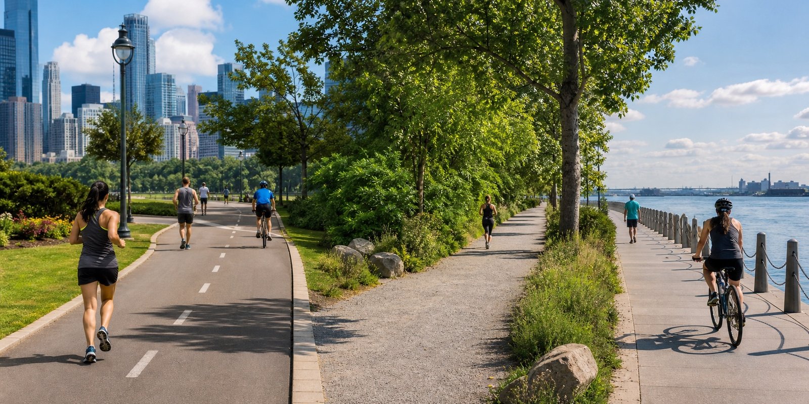 Rotas de parque, trilha urbana e orla usadas para comparar opções de caminhada, corrida e bicicleta.
