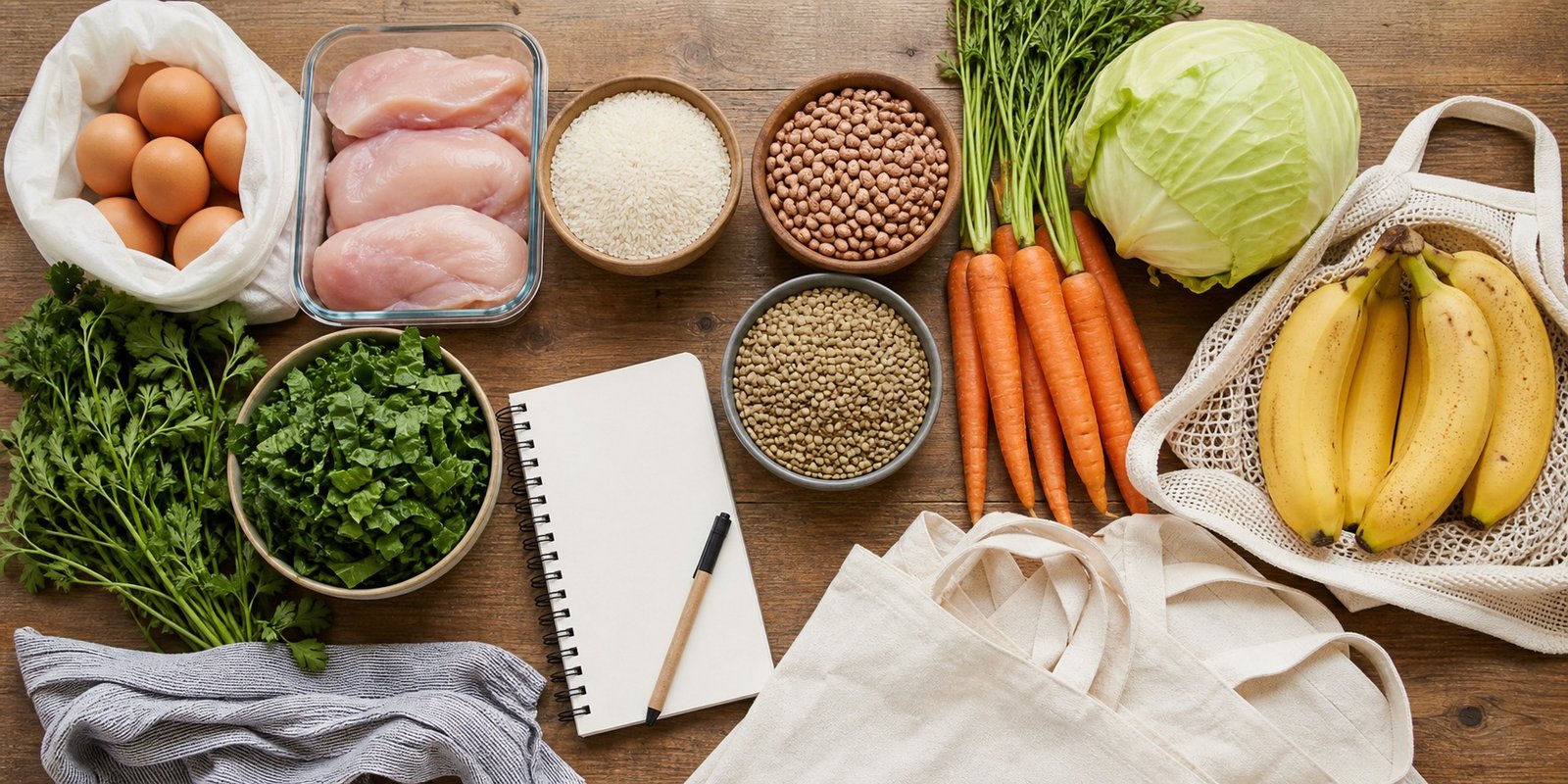 Ingredientes baratos para marmita fitness semanal, como ovos, frango, arroz, feijão, lentilha, cenoura e repolho.