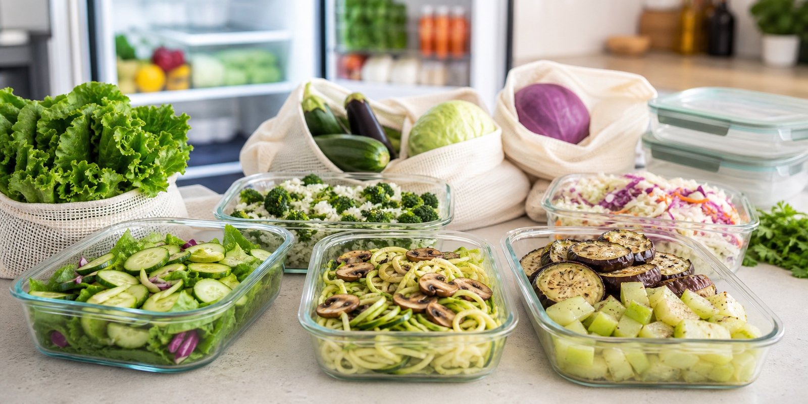 Compras e marmitas com vegetais variados organizados para a semana.