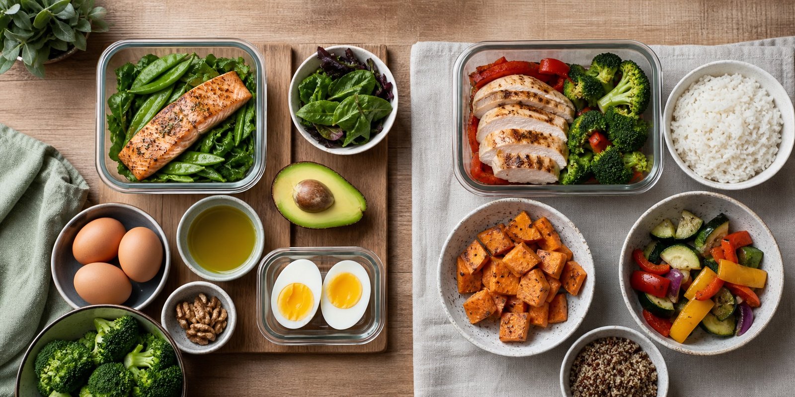 Duas áreas de preparo com alimentos cetogênicos e carboidratos medidos para explicar a dieta cetogênica cíclica.