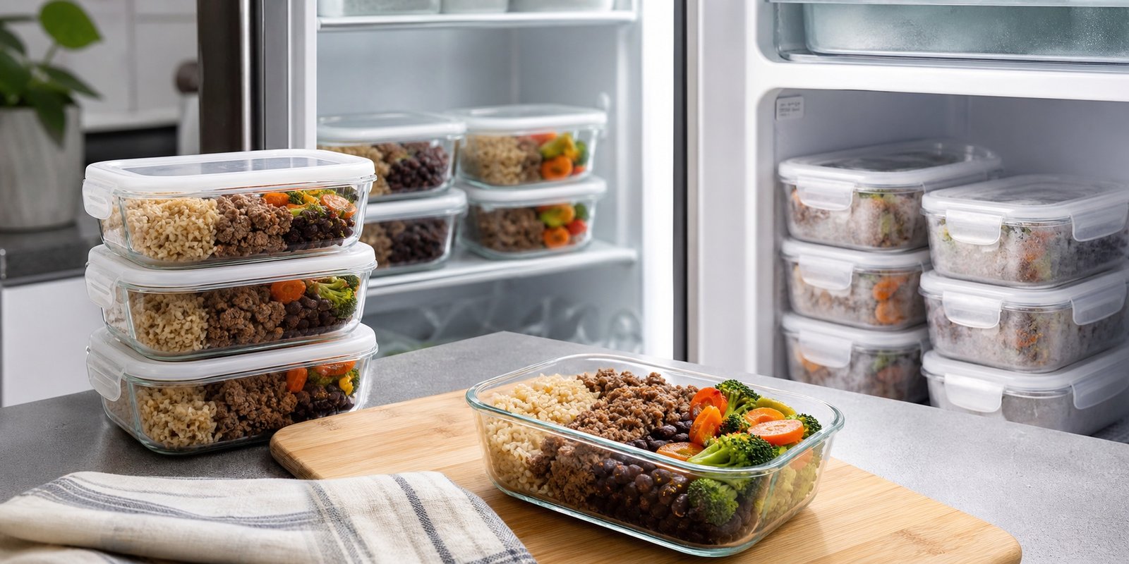 Potes de marmita com arroz integral e carne moída organizados entre geladeira e freezer.