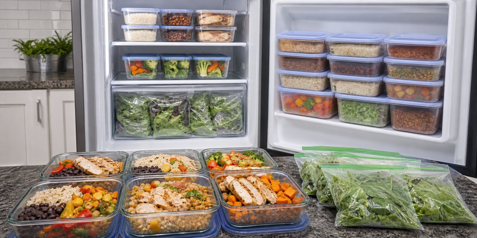 Marmitas semanais organizadas em geladeira e freezer com porções cozidas e saladas separadas.