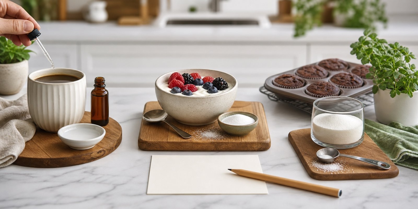Café, iogurte com frutas e muffins pequenos mostrando critérios para escolher adoçante low carb.