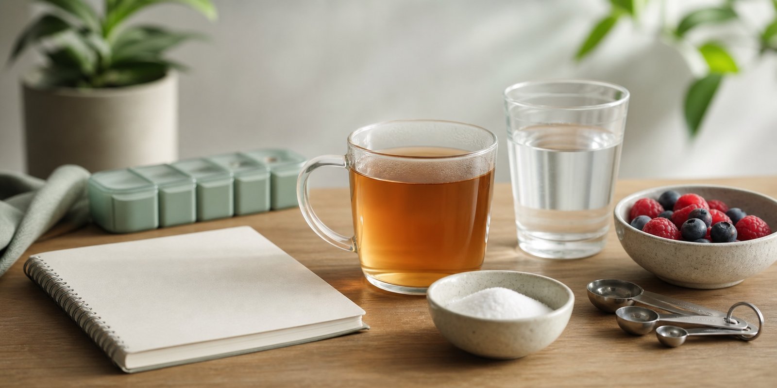 Chá sem açúcar, água, bowl de adoçante, frutas vermelhas e medidores em mesa tranquila.