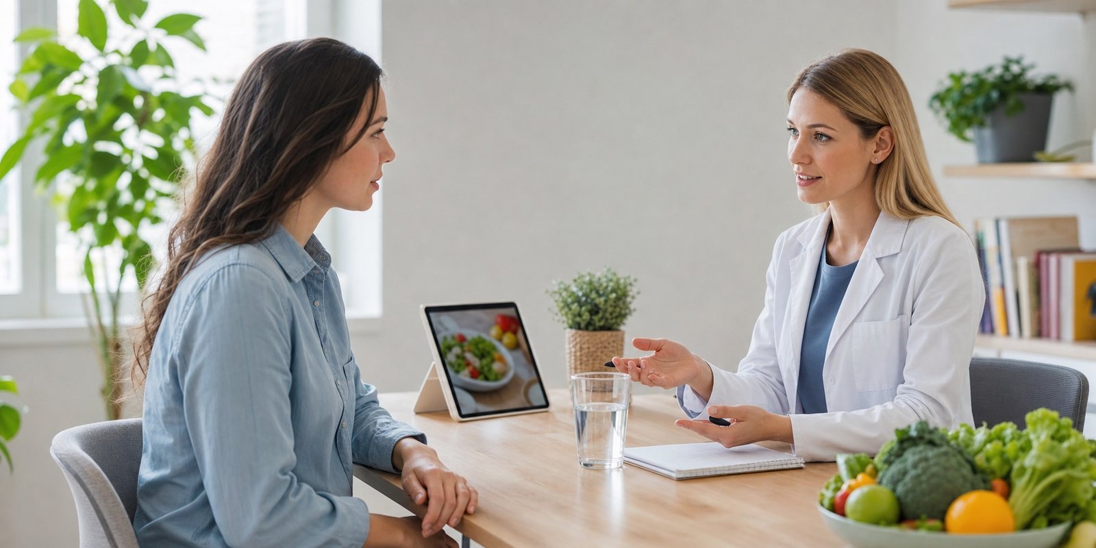 Consulta com profissional de saúde para avaliar cuidados antes de praticar jejum intermitente.