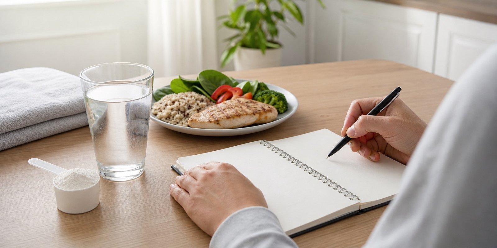Copo de água, creatina, refeição equilibrada e notebook em branco para explicar cuidados, hidratação e segurança ao usar creatina.