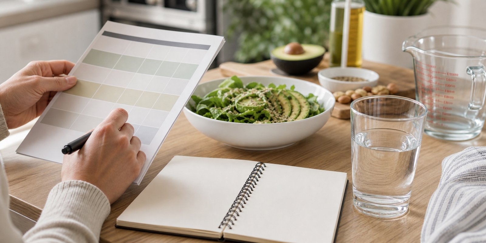 Caderno de planejamento, água e alimentos cetogênicos para simbolizar cuidados e ajustes seguros na dieta cetogênica.
