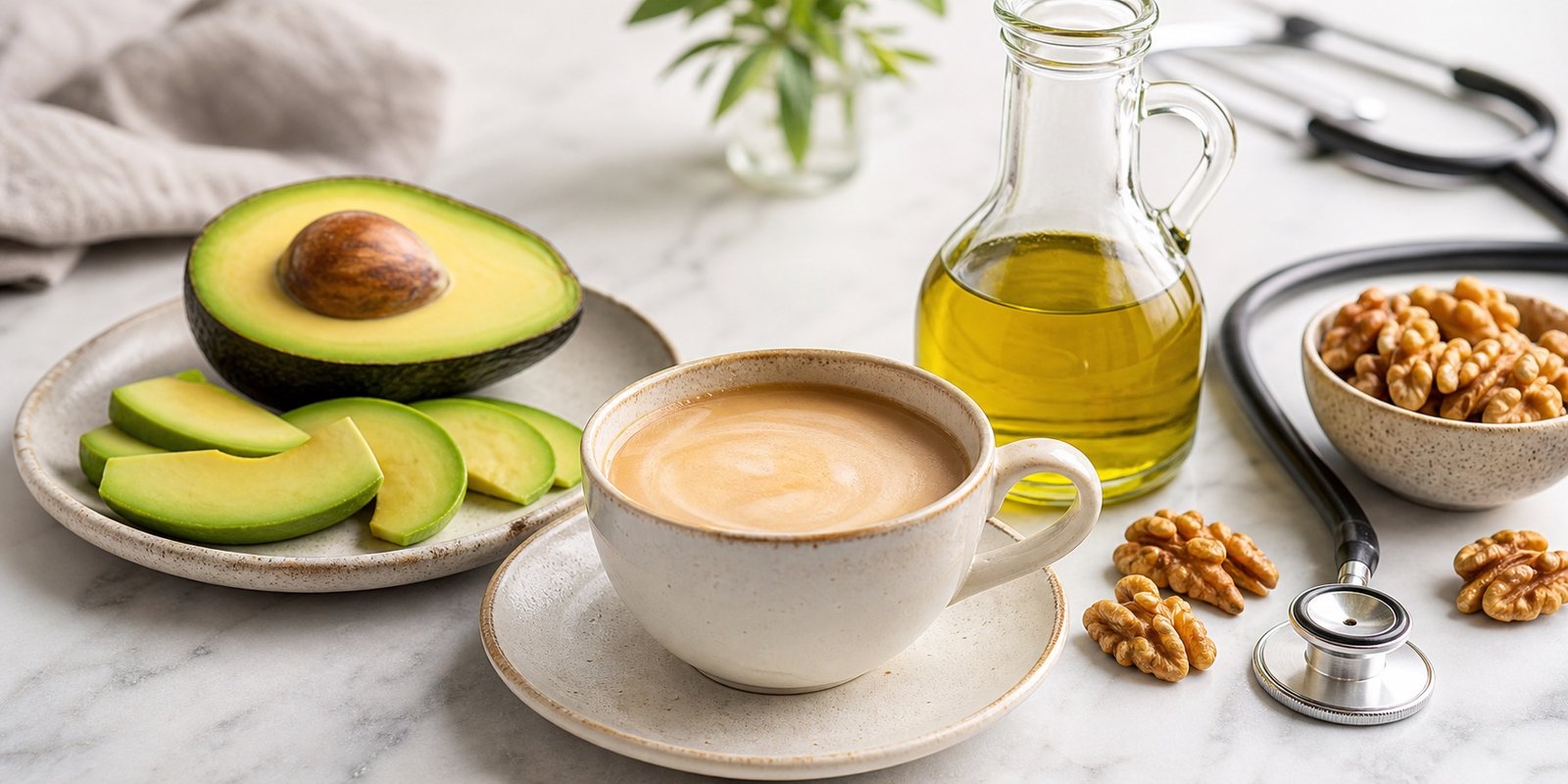Café cremoso com nata ao lado de azeite, abacate, nozes e estetoscópio para avaliar gorduras.