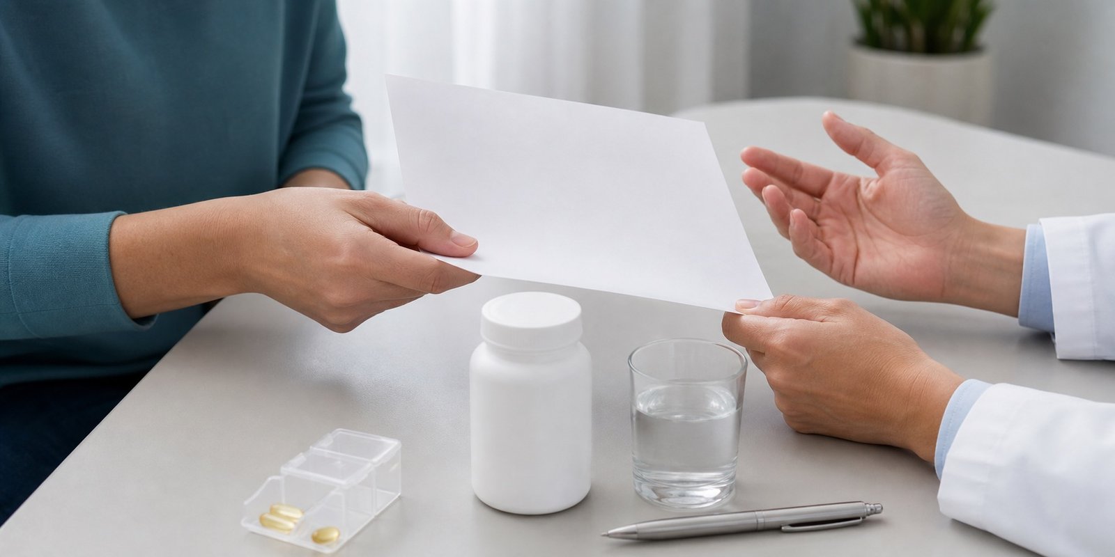 Mãos revisando segurança da suplementação de vitamina D com frasco sem marca e água.