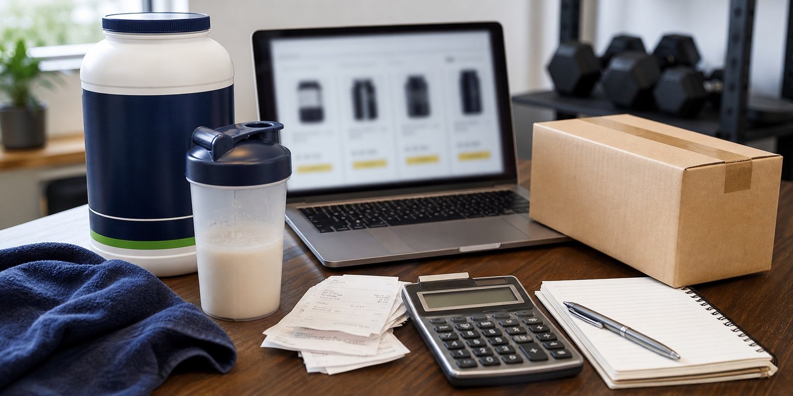 Whey sem marca, calculadora, recibos abstratos e laptop desfocado para avaliar custo-benefício de compra.