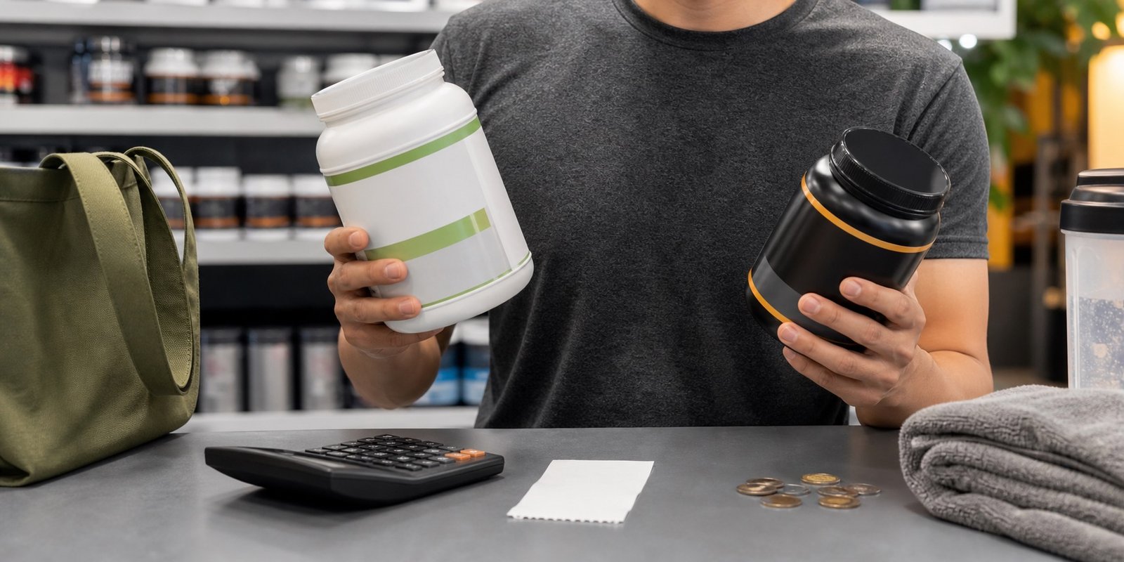 Pessoa comparando suplementos genéricos com calculadora para avaliar custo-benefício e dose útil.