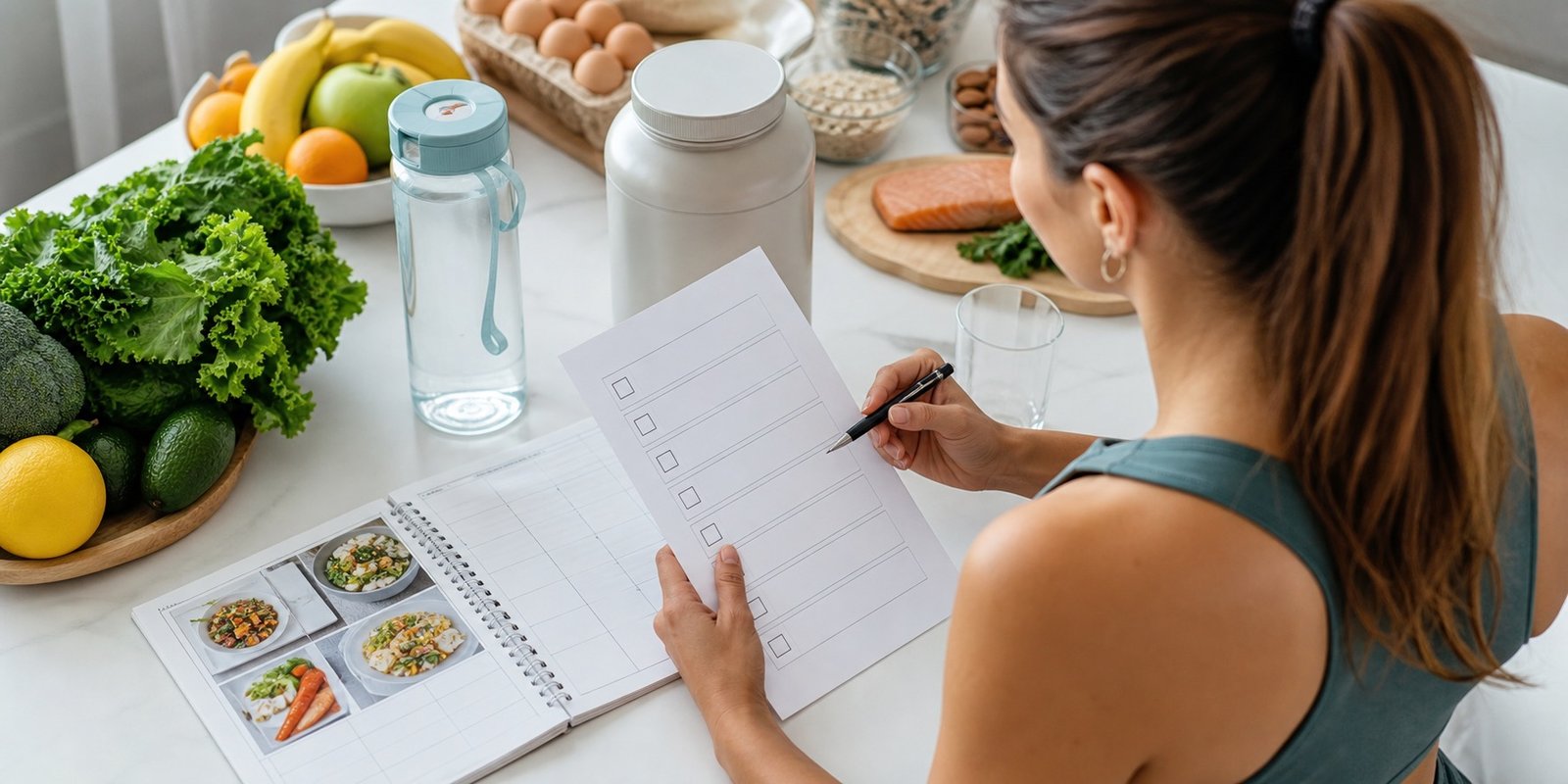 Mulher comparando alimentos e suplemento neutro antes de decidir se suplementos alimentares para mulheres fazem sentido.