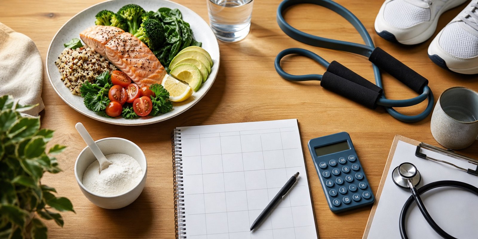 Mesa com refeição, treino leve, suplemento sem marca e planejamento para decidir se colágeno vale a pena.