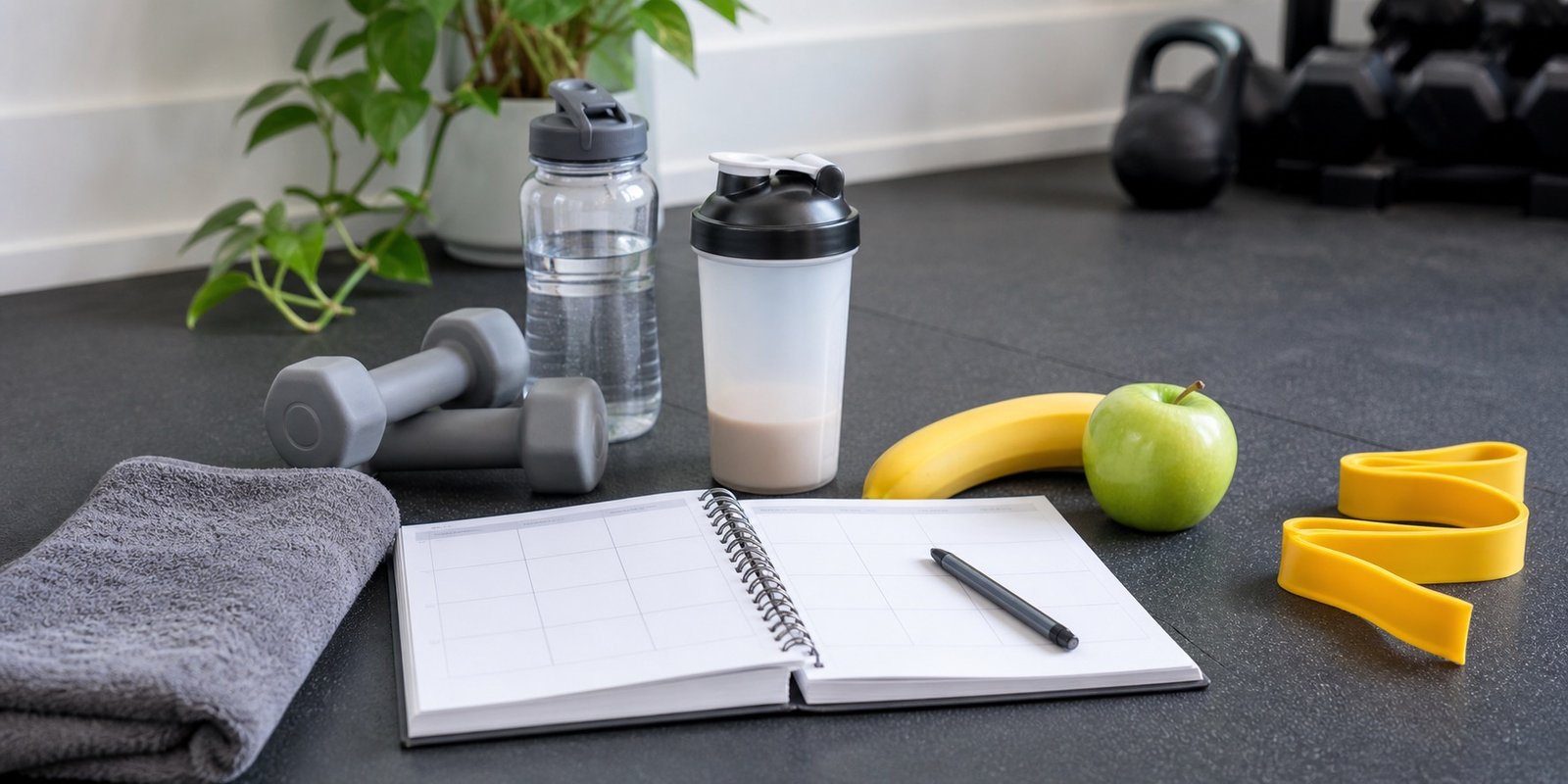 Planner em branco, fruta, água, shaker e pesos leves para decidir se pré-treino faz sentido.