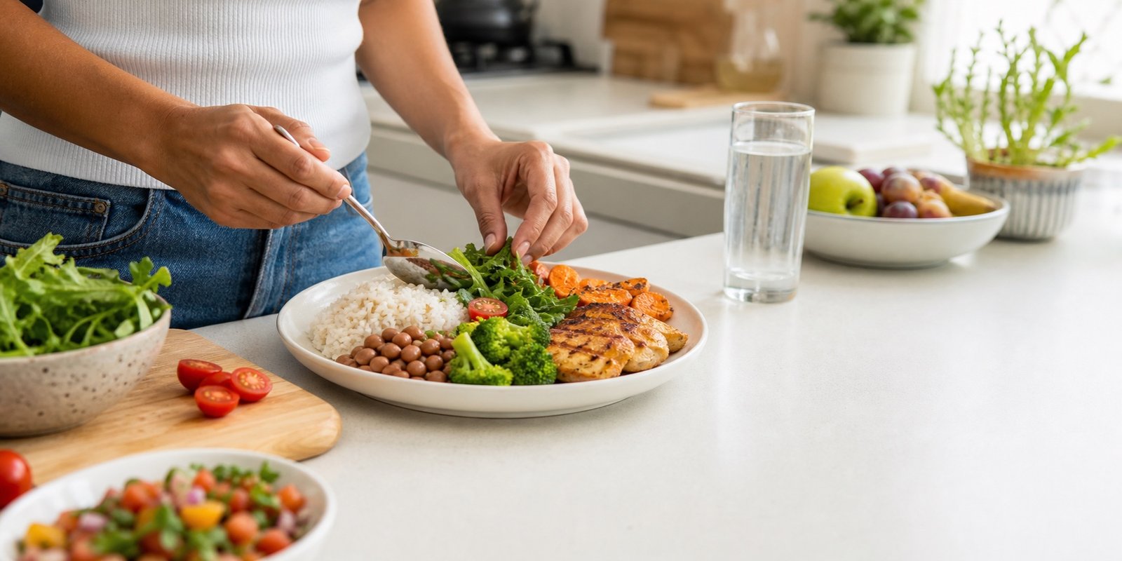 Refeição equilibrada com arroz, feijão, proteína e vegetais para criar déficit calórico sem passar fome.