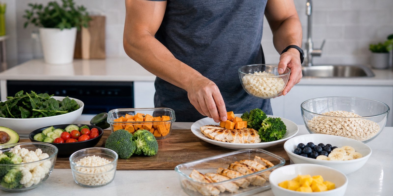 Prato pós-treino com proteína, vegetais e carboidratos medidos para uma recarga planejada.