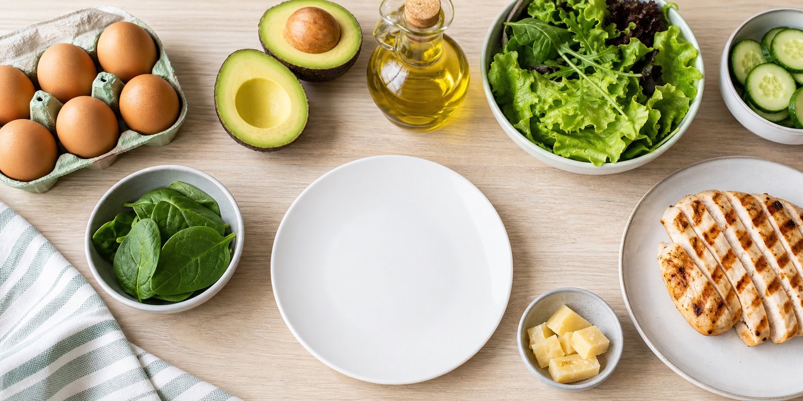 Alimentos naturais como ovos, abacate, azeite, folhas e frango organizados para explicar como funciona a dieta cetogênica.