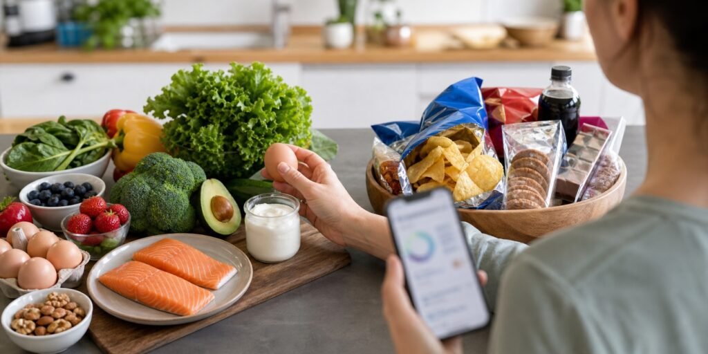Pessoa escolhendo alimentos naturais em vez de ultraprocessados para evitar erros comuns nessa dieta.