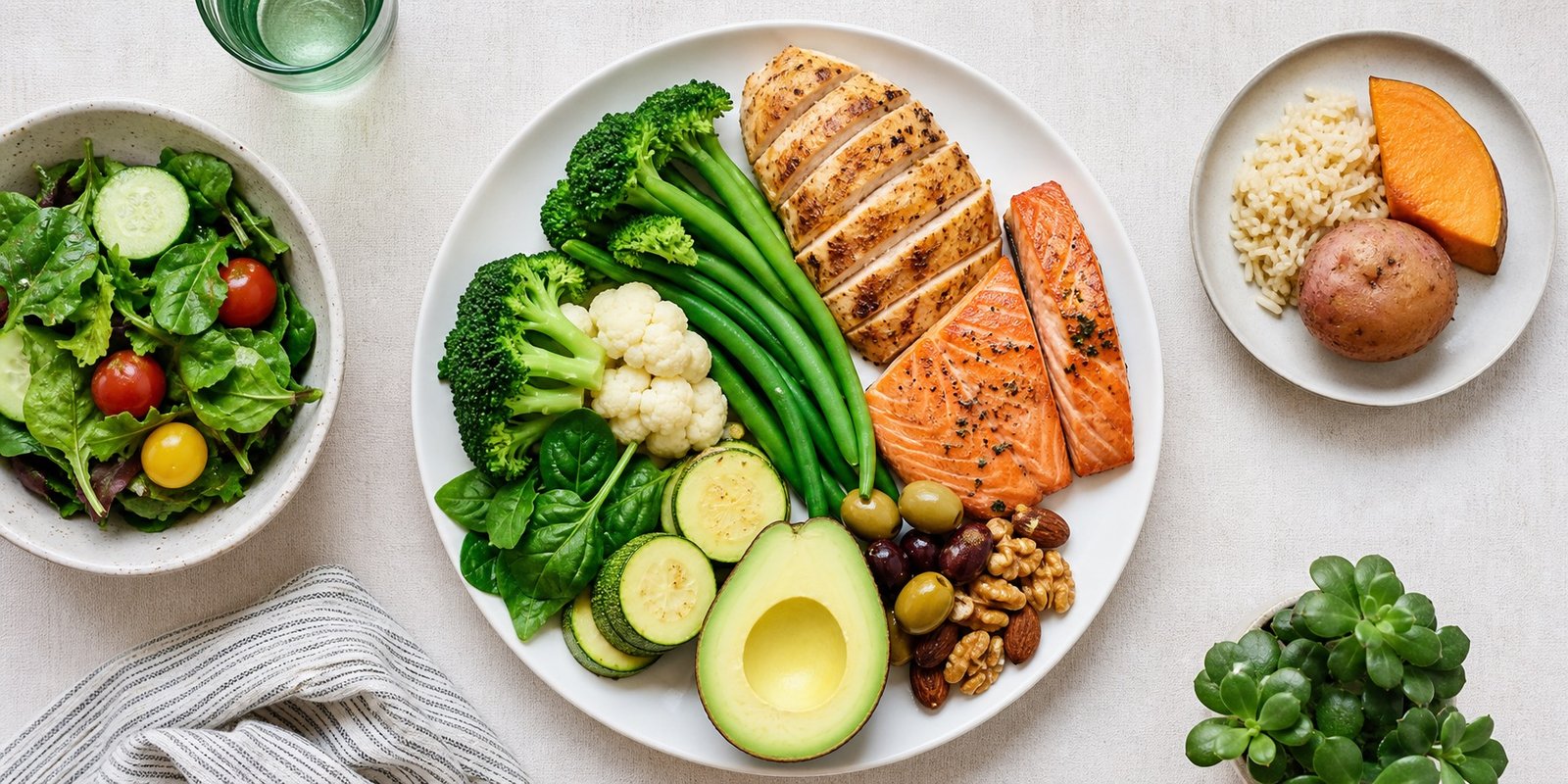 Mesa organizada com vegetais, proteínas e gorduras boas mostrando o que é uma dieta low carb para iniciantes.