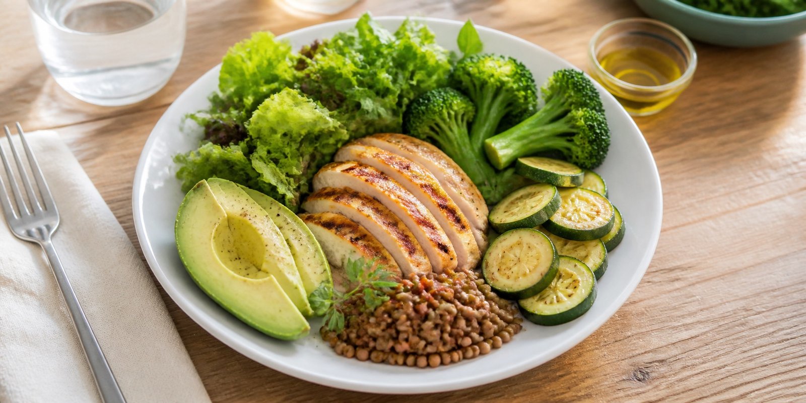 Prato equilibrado com frango, salada, legumes, abacate e pequena porção de leguminosas para dieta low carb.